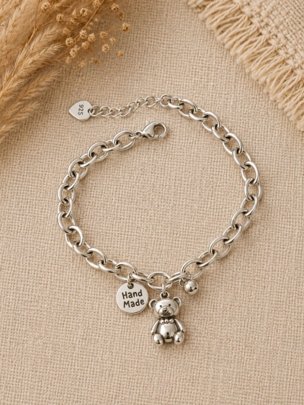 925 Sterling Silver Teddy Bear Chain Bracelet
